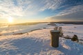 Scenic sunset over beautiful winter landscape in the Swabian Alps seen from a mountain peak