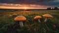 Golden Hour Mushrooms in Field, Sunset Landscape Royalty Free Stock Photo