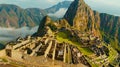 Scenic sunset over machu picchu citadel, ancient incan ruins on andean mountain ridge