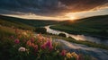 Serene Sunset Over River Valley with Wildflowers Royalty Free Stock Photo