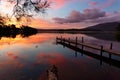 Scenic sunset and reflections on lake with old jetty