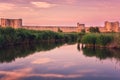 Scenic sunset view of the ancient city wall of the Aigues-Mortes, famous medieval fortress in South France Royalty Free Stock Photo