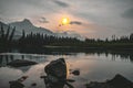 Scenic sunset views over bow river three sisters, Banff National Park Alberta Canada Royalty Free Stock Photo