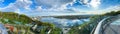 Scenic top panoramic view of Kyiv city Podol old center, Dnepr river Rybalskiy island panoramic landscape. Ukrainian capital Kiev Royalty Free Stock Photo