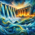 Scenic Torrent: Waterfall Behind Hydroelectric Plant, generative ai