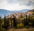 Scenic town with traditional ceramic tile rooftops surrounded by mountains, Arachova Boeotia Greece