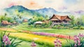 Scenic of Traditional Thai house with green rice fields, flower blossom and mountain in watercolor painting style.