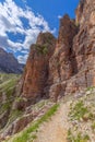 Scenic trail for hiking leading to the top of the Sassongher mountain. Italian Dolomites, Colfosco - Alta Badia. Royalty Free Stock Photo