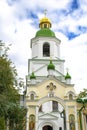 Scenic travel cityscape historic bell tower of Pechersk Lavra Monastery church temple eastern orthodox Christian complex of caves