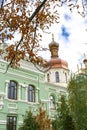 Scenic travel cityscape historic Pechersk Lavra Monastery church temple eastern orthodox Christian complex of caves with golden