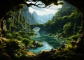 Scenic travel forest environment. Beautiful mountain landscapes. Generative AI