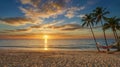 Scenic tropical coast with clear sky and sandy beach at sunset