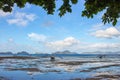 Scenic tropical landscape. Low tide on seashore. Panorama seascape under beach tree. Philippines, island Palawan, El Nido beach. Royalty Free Stock Photo