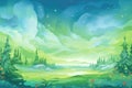 scenic tundra under a strong green aurora display