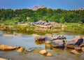 Scenic Tungabhadra River bank in Hampi, India