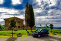 Scenic Tuscany landscape with car. Italy