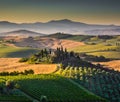 Scenic Tuscany landscape at sunrise, Val d'Orcia, Italy Royalty Free Stock Photo