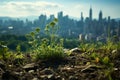 Scenic urban blend Grass field in 3D rendering against city background vista