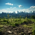 Scenic urban blend Grass field in 3D rendering against city background vista