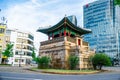 A traditional Korean pavilion set within the urban area of Gwanghwamun in Seoul, South Korea.