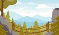 Scenic valley flat vector illustration. Beautiful mountain landscape, forest valley with fir trees and hanging bridge