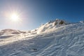 Scenic valley of hilghland alpine mountain winter resort on bright sunny day. Wintersport scene with people enjoy skiing