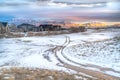 Scenic valley at sunset with panoramic views of mountain lake and cloudy sky Royalty Free Stock Photo