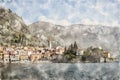 Varenna on Lake Como in northern Italy. Watercolor Illustration.