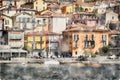 Scenic Varenna on Lake Como in northern Italy. Watercolor Illustration.