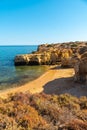 Scenic vertical shot from above of the beautiful Praia dos Arrifes, Algarve beach, Portugal Royalty Free Stock Photo