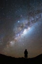 Scenic vertical view of a person standing under a mesmerizing starry sky