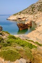 Scenic view of abandoned rusty shipwreck, Amorgos island