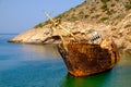 Scenic view of abandoned rusty shipwreck, Amorgos island