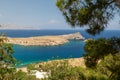 Scenic view from the acropolis on a bay with blue and turquoise water in Lindos on Rhodes island, Greece Royalty Free Stock Photo