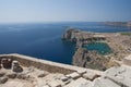 Scenic view from acropolis to the harbour, Lindos Royalty Free Stock Photo