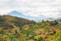 Scenic view of African landscape with houses and farms against a Mountain background in rural Uganda