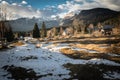 Scenic view in alpine forest mountains with isolated wooden chalet house in idyllic sunny winter environment, pokljuka, slovenia Royalty Free Stock Photo