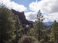 Scenic view of amazing landscape from path to Roque Nublo rock formation with winding road, mountains, green pine trees Royalty Free Stock Photo