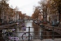 Scenic view of Amsterdam canals and a purple parked bike on the bridge Royalty Free Stock Photo