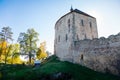 Scenic view of ancient ruins of gothic and renaissance medieval royal castle, autumn landscape, sunny day, fortresses on hill,