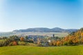 Scenic view of ancient ruins of gothic and renaissance medieval royal castle, autumn landscape, sunny day, fortresses on hill,