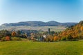 Scenic view of ancient ruins of gothic and renaissance medieval royal castle, autumn landscape, sunny day, fortresses on hill,