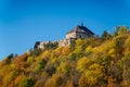 Scenic view of ancient ruins of gothic and renaissance medieval royal castle, autumn landscape, sunny day, fortresses on hill,