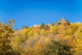 Scenic view of ancient ruins of gothic and renaissance medieval royal castle, autumn landscape, sunny day, fortresses on hill,