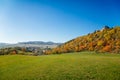 Scenic view of ancient ruins of gothic and renaissance medieval royal castle, autumn landscape, sunny day, fortresses on hill,