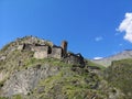 Scenic view of the ancient towers of Omalo, Tusheti, Georgia at dawn in summer