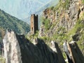 Scenic view of the ancient towers of Omalo, Tusheti, Georgia at dawn in summer