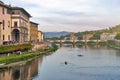 Scenic view of the Arno river, the main waterway of Tuscany region running through the medieval city of Florence in Italy