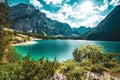Scenic view of the Baires Lake in the Dolomite mountains in the afternoon, Italy Royalty Free Stock Photo