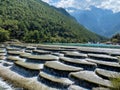 Scenic view of the Baishui river at Jade Dragon snow Mountain in the Lijiang old town,China Royalty Free Stock Photo